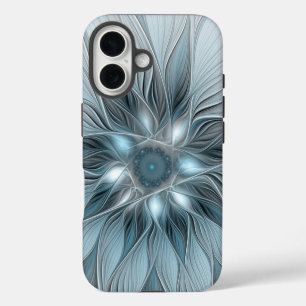 Funda iPhone 16 Flor abstracta alegre azul gris fractal floral