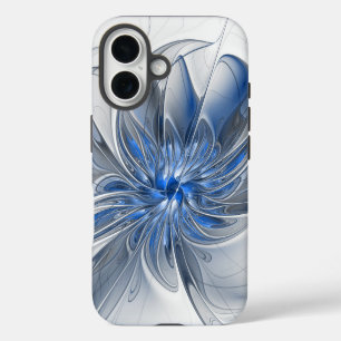 Funda iPhone 16 Flor abstracta de arte fractal en acuarela gris az