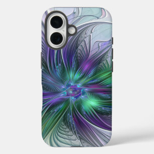 Funda iPhone 16 Flor Abstracta Moderna Fractal Verde Púrpura