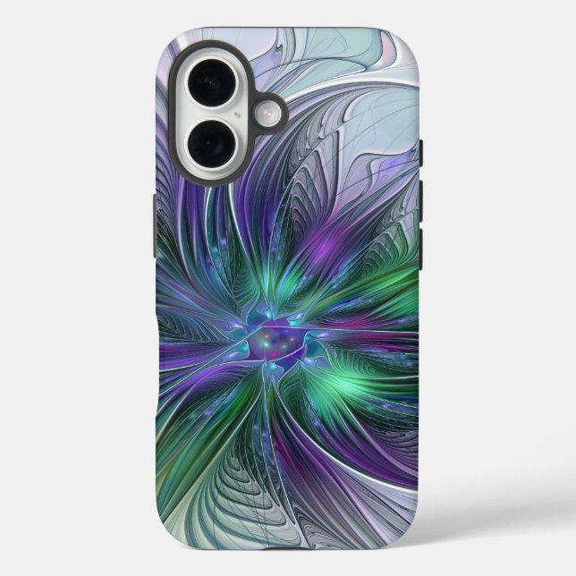 Funda iPhone 16 Flor Abstracta Moderna Fractal Verde Púrpura (Reverso )