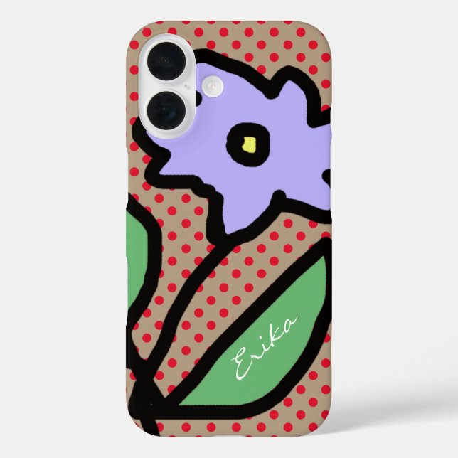 Funda iPhone 16 flor azul, puntos y nombre (Reverso )