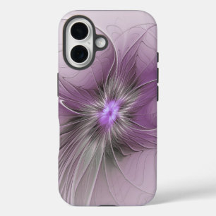Funda iPhone 16 Flor de arte fractal de color gris marrón de belle