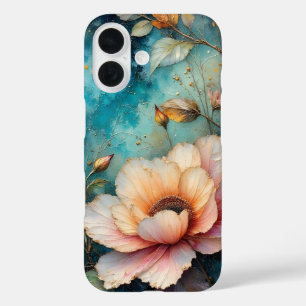 Funda iPhone 16 Flor de Cosmos Albaricoque sobre fondo azul verdos