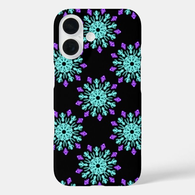 Funda iPhone 16 Flor de neón turquesa y violeta (Reverso )