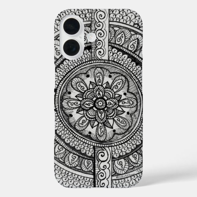 Funda iPhone 16 Flor florida de Mandala blanca y negra con estampa (Reverso )