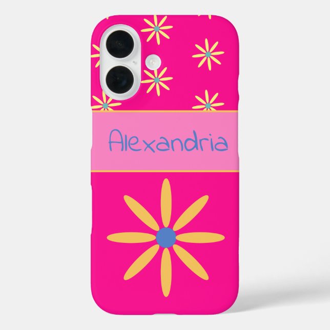 Funda iPhone 16 Flor retro rosa caliente personalizada (Reverso )