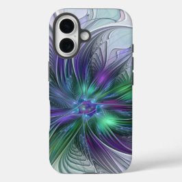 Funda iPhone 16 Flor verde morada Moderna Resumen arte fractal