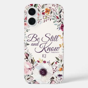 Funda iPhone 16 Floral acuarela Be Still Psalm Monograma