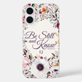 Funda iPhone 16 Floral acuarela Be Still Psalm Monograma