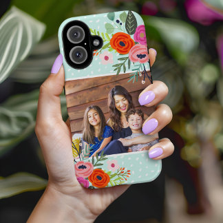 Funda iPhone 16 Floral brillante y foto Personalizado de puntos