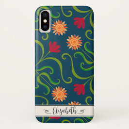 Funda iPhone 16 Floral Damask Sunflower Boho Navy Arte Folclórico 