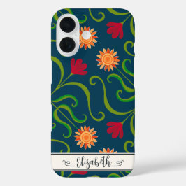 Funda iPhone 16 Floral Damask Sunflower Boho Navy Arte Folclórico 