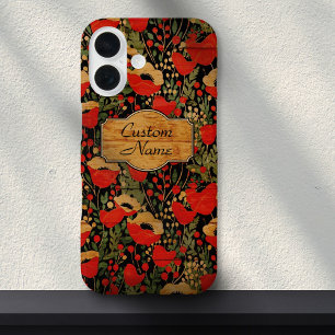 Funda iPhone 16 Floral de amapola con veta de madera vintage