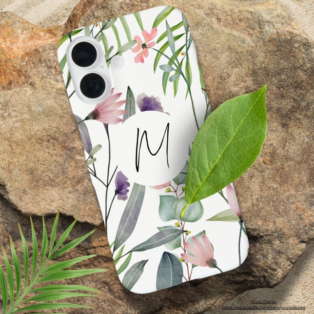 Funda iPhone 16 Floral de fondo blanco femenino Iniciales modernos (Subido por el creador)