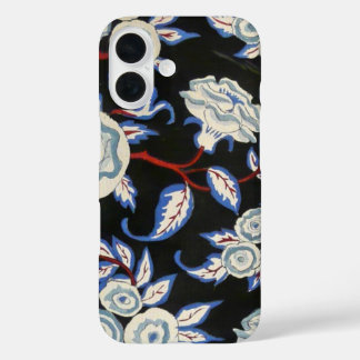 FUNDA iPhone 16 FLORAL ELEGANTE DE ARTE DECO, ROSAS BLANCAS AZULES
