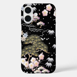 Funda iPhone 16 Floral elegante de cerezo rosa negro