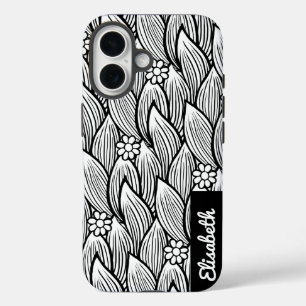 Funda iPhone 16 Floral moderna de margarita hippie blanca y negra