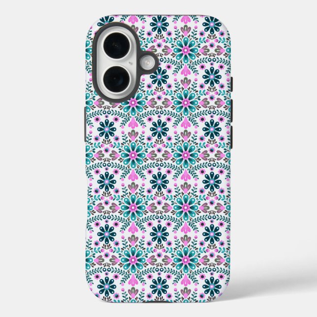 Funda iPhone 16 Floral Pattern in Hibiscus and Turquoise (Reverso )