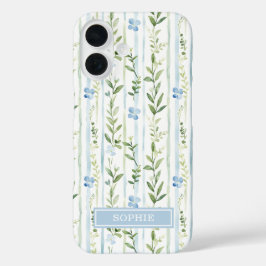 Funda iPhone 16 Floral Personalizado con Rayas Azules