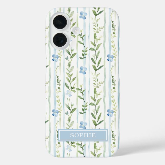 Funda iPhone 16 Floral Personalizado con Rayas Azules (Reverso )