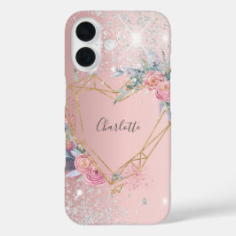 Funda iPhone 16 Floral purpurina plateado rosa Rubor