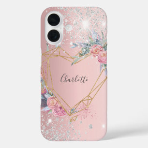 Funda iPhone 16 Floral purpurina plateado rosa Rubor