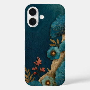 Funda iPhone 16 Floral Teal y Dorado sobre Teal Oscuro