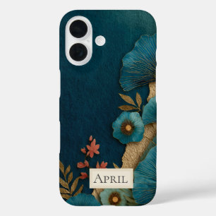 Funda iPhone 16 Floral Teal y Dorado sobre Teal Oscuro