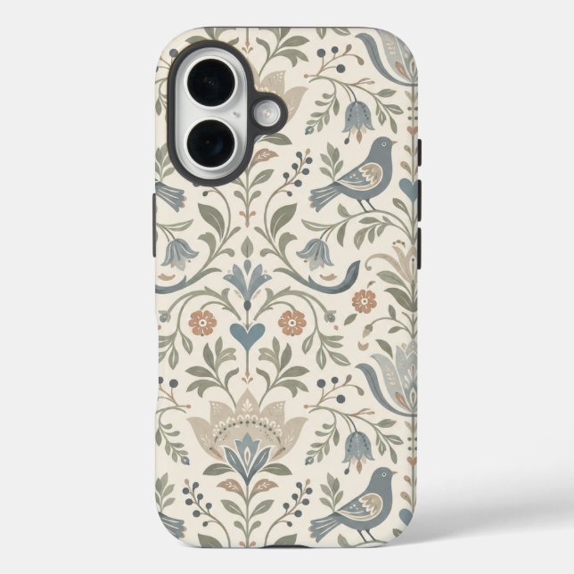 Funda iPhone 16 Floral y pájaros nórdicos Flores escandinavas (Reverso )