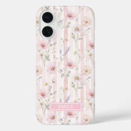 Funda iPhone 16 Florecilla Silvestre Rosa Monogramada con Rayas
