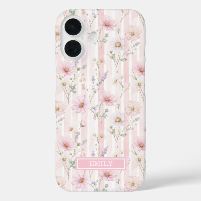 Funda iPhone 16 Florecilla Silvestre Rosa Monogramada con Rayas (Reverso )