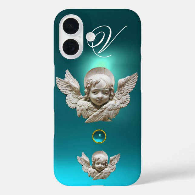 Funda iPhone 16 FLORENTINE RENAISSANCE ANGEL Aqua Blue Monograma (Reverso )