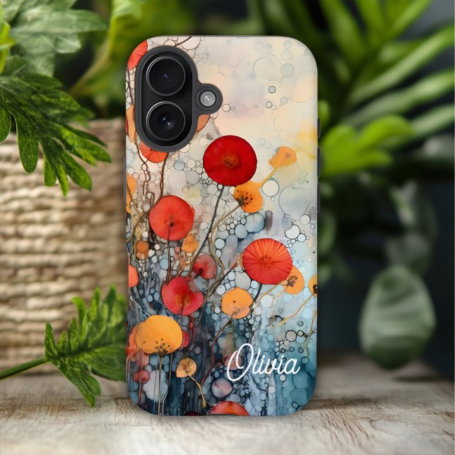 Funda iPhone 16 Flores abstractos modernos con nombre personalizad (Subido por el creador)