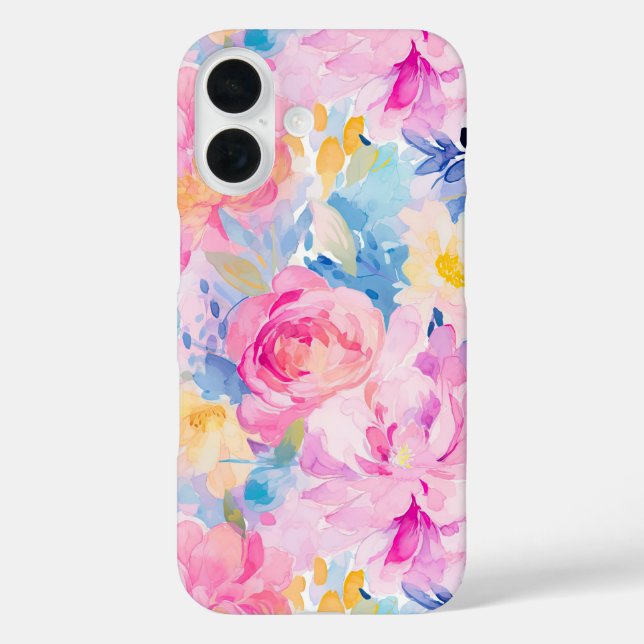 Funda iPhone 16 Flores acuáticas abstradas rosas y azules (Reverso )