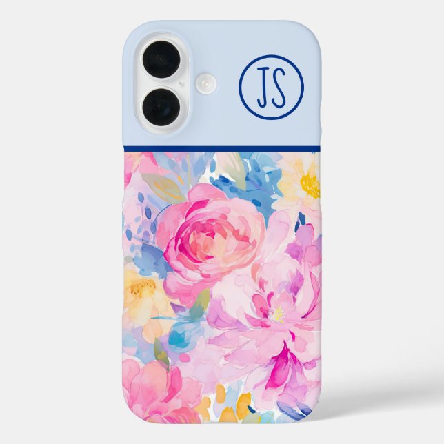 Funda iPhone 16 Flores acuáticas rosas y azules monogramadas (Reverso )