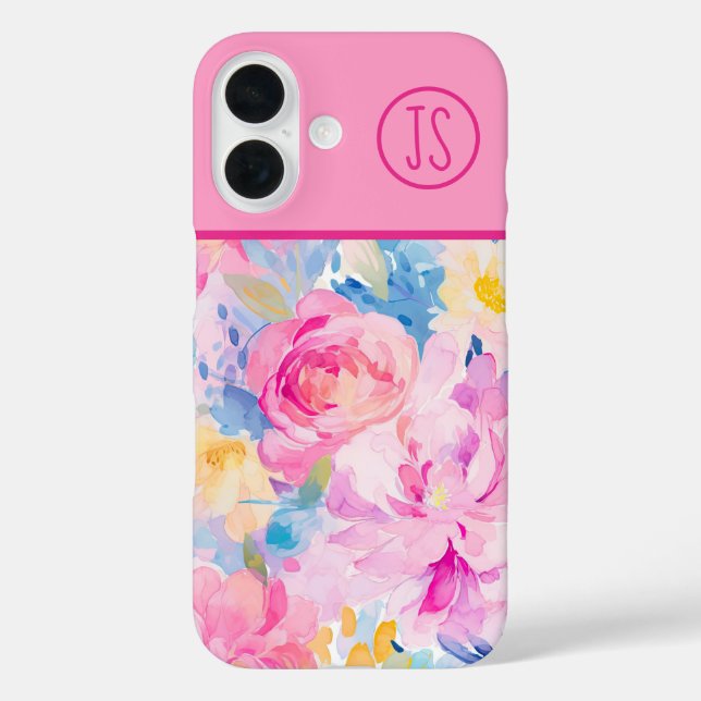 Funda iPhone 16 Flores acuáticas rosas y azules monogramadas (Reverso )