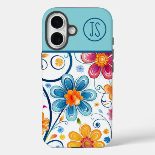 Funda iPhone 16 Flores amarillas, rosadas, azul marino monogramada