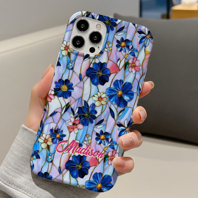 Funda iPhone 16 Flores azules de vidrio emplomado  (Subido por el creador)