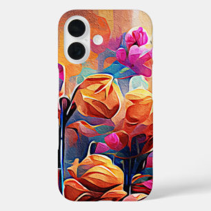 Funda iPhone 16 Flores azules rojas Naranja de arte Abstracto flor