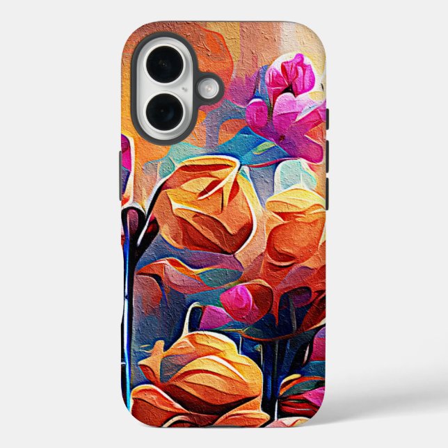 Funda iPhone 16 Flores azules rojas Naranja de arte Abstracto flor (Reverso )