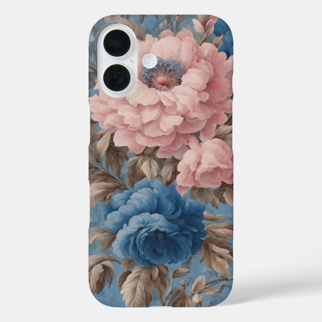 Funda iPhone 16 Flores Azules Y Rosa De Pastel Victoriano (Reverso )