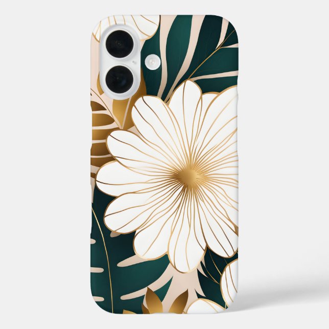 Funda iPhone 16 Flores blancas elegantes con follaje verde y dorad (Reverso )