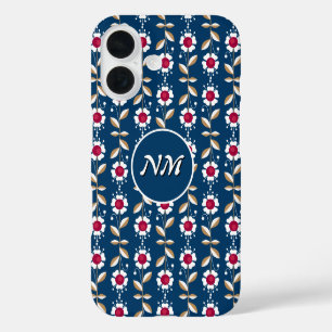 Funda iPhone 16 Flores blancas retro sobre fondo azul oscuro