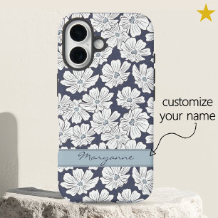 Funda iPhone 16 Flores Blancas Rústicas Boceto Sombreado Azul Nomb