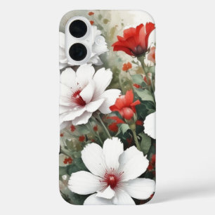 Funda iPhone 16 Flores blancas y rojas Elegante acuarela