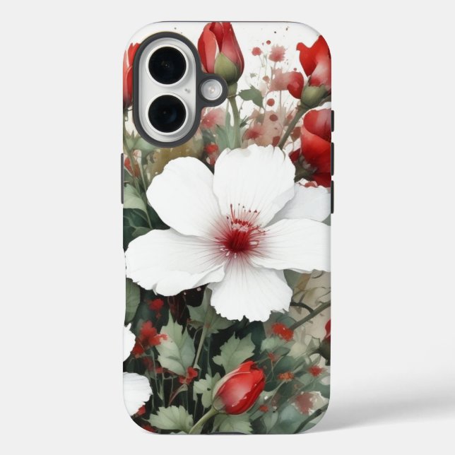 Funda iPhone 16 Flores blancas y rojas Elegante acuarela (Reverso )