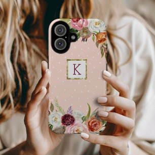 Funda iPhone 16 Flores Bohemias con Punto de Monograma en Rosa