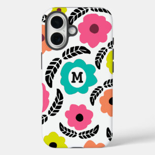 Funda iPhone 16 Flores Brillantes Modernas y Monograma de Hoja Neg