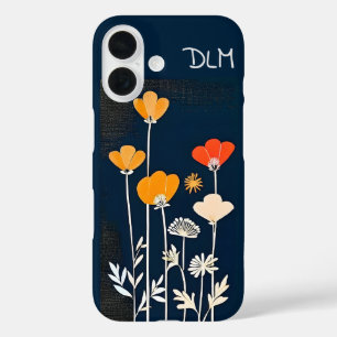 Funda iPhone 16 Flores coloridas y Minimalistas sobre azul oscuro
