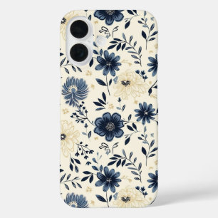 Funda iPhone 16 Flores de arte popular vintage azul marino beige